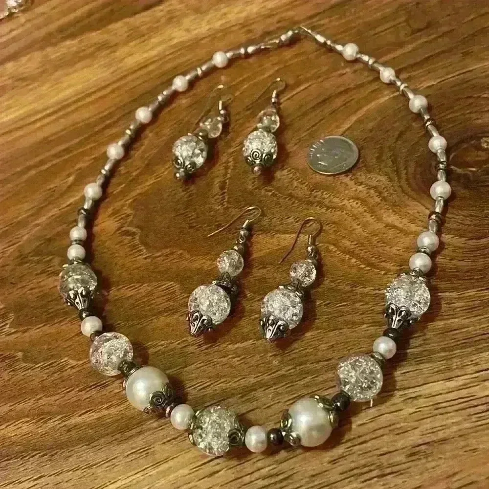 Crystal and Silver Colored Glass Bead and Faux Pearl Earrings and Neckla… - Picture 5 of 5